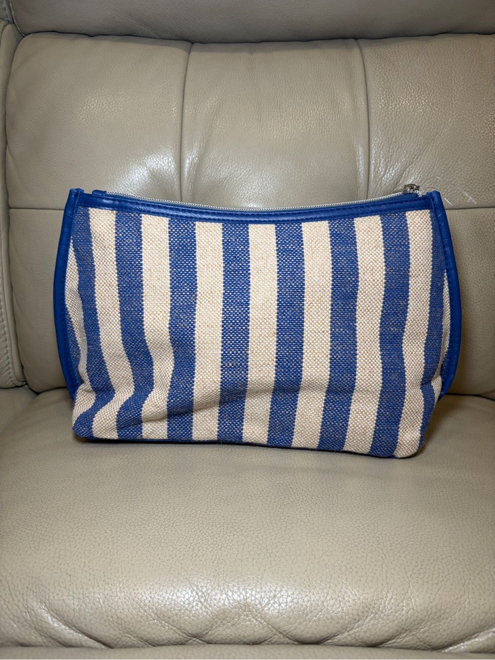 NORDSTROM | blue and beige striped canvas cosmetic pouch